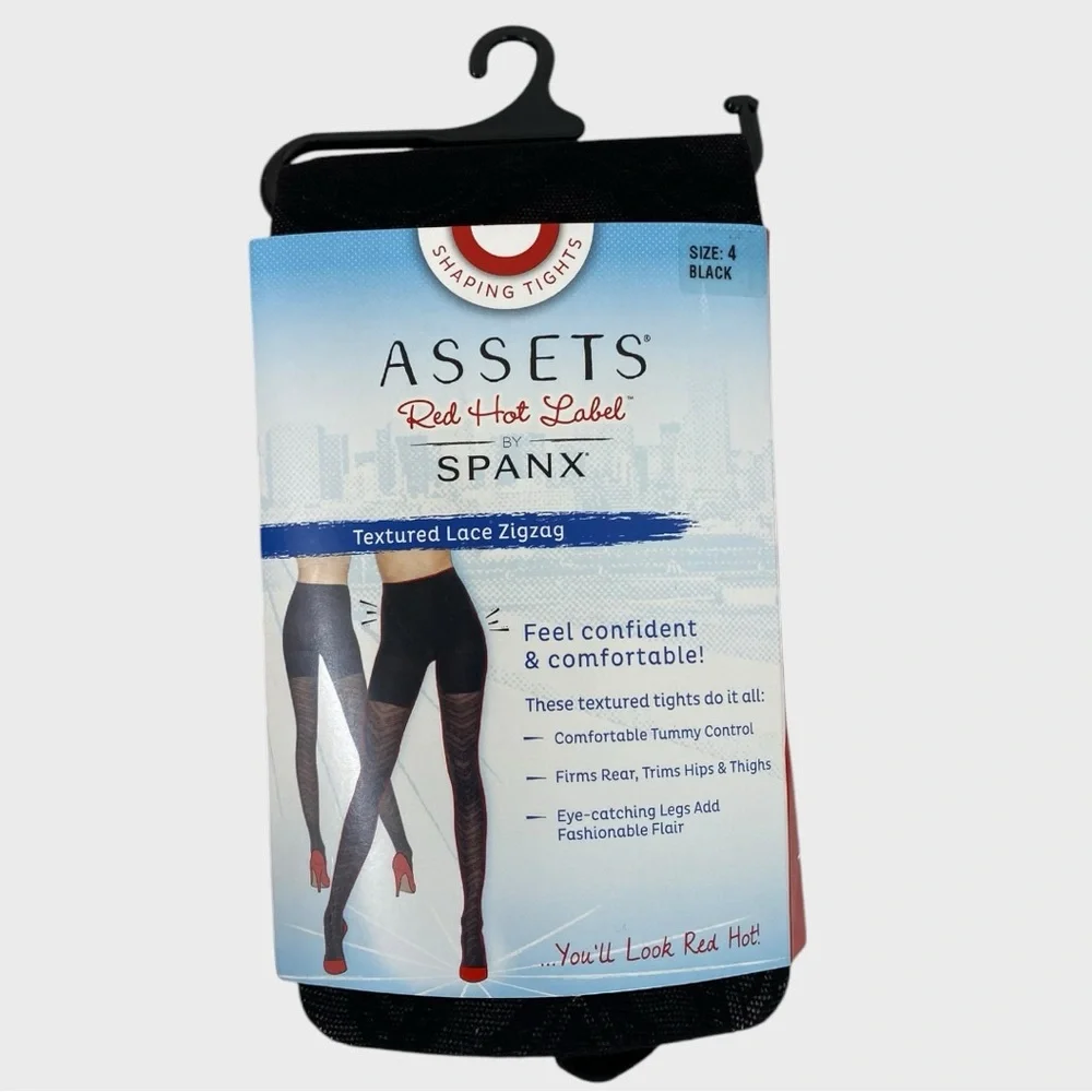 Spanx Red Hot Label NWT Black Tummy Control Textured Lace Zig Zag Tights Size 4